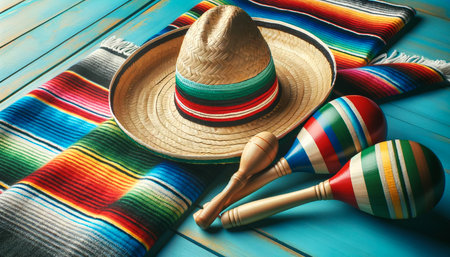 Cinco de Mayo holiday background with party sombrero hat and maracas on blue wood tableの素材