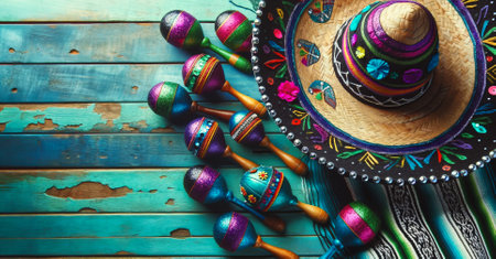 Cinco de Mayo holiday background with Mexican cactus, party sombrero hat and maracas on wooden tableの素材
