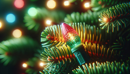 A close up of a christmas tree with lights. Concept Christmas Lightsの素材