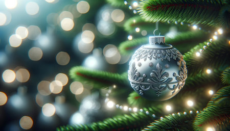 A silver ornament hanging from a christmas tree with a defocused backgroundの素材