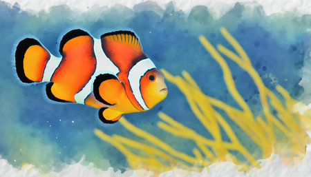Digitally created watercolor painting of a clown fish in an underwater environmentの素材