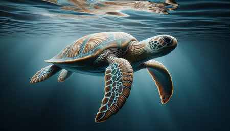 A majestic green turtle swimming in the ocean under the surfaceの素材