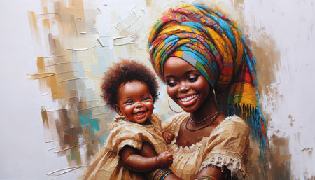 Painting of a Woman Holding a Baby, Concept Maternal Loveの素材