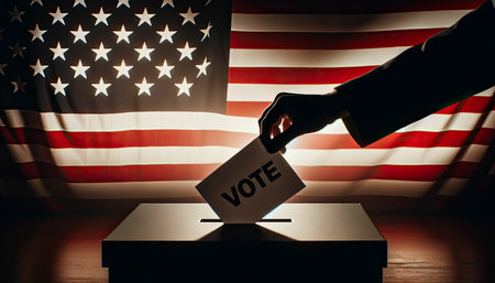 Silhouette of a silhouetted hand putting a vote into the voting box, with an American flag in the background.の素材