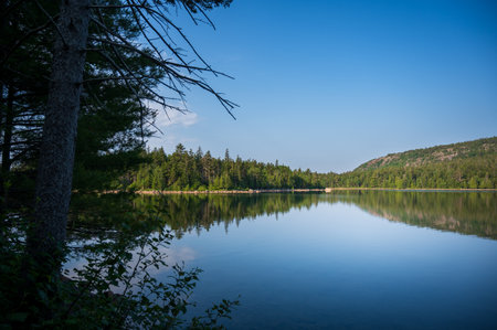 Peaceful Lake Scene in Acadia National Park with Copy-Spaceの写真素材