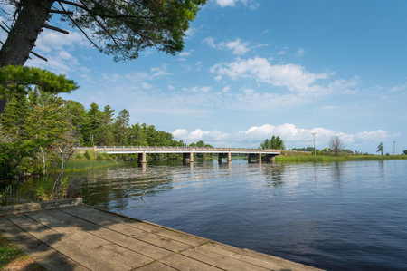 The bridge crossing the Tahquamenon River near the entrance to Lake Superiorの写真素材