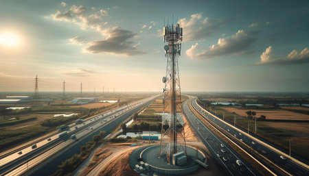 Aerial View of Highway With Tower in the Middleの素材