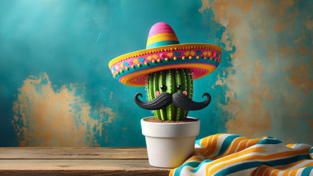 A Potted Cactus With a Mustache and a Sombrero. Concept Cinco de Mayoの素材