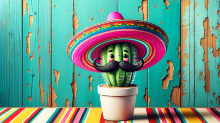 A Potted Cactus With a Mustache and a Sombrero. Concept Cinco de Mayoの素材