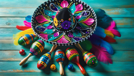Cinco de Mayo holiday background with Mexican cactus, party sombrero hat and maracas on wooden tableの素材