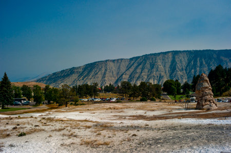 Liberty Cap and Distant Mountain View in Yellowstoneの写真素材