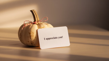 Small Pumpkin with Appreciation Card in Warm Light with Copy-Spaceの素材