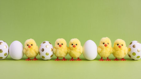 Yellow Chicks with Easter Eggs on Green Background with Copy-Spaceの素材