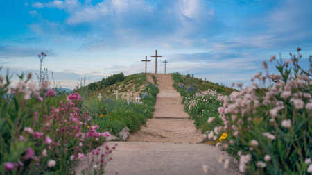 Path Leading to Three Crosses on Hilltopの素材