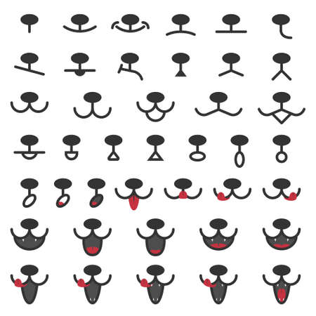 A set of faces of cats or dogs with various emotions. Open or closed mouth and oval nose. Smile, joy, anger, sadness. Vector illustration icons.のイラスト素材
