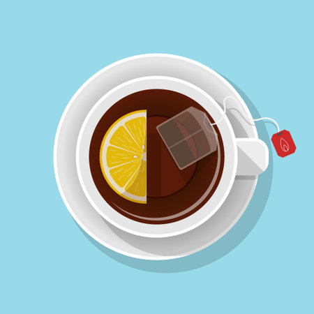 A cup of fresh, hot tea with a lemon slice and a tea bag. A natural drink for health. Five o'clock tea or breakfast. Vector flat illustration.のイラスト素材