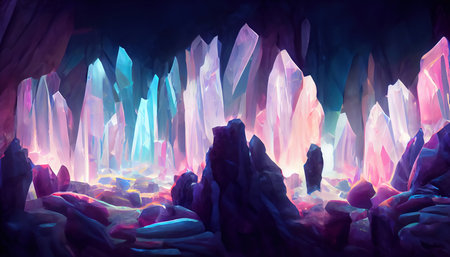 Abstract cave with pink and blue crystals backgroundの写真素材