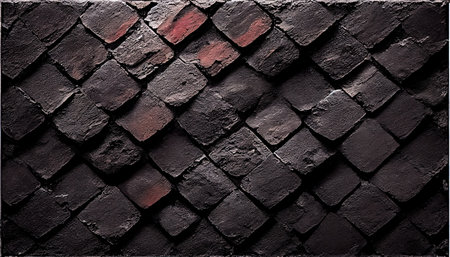 Textured black tiles on brick background. Can be used as wallpaperの写真素材