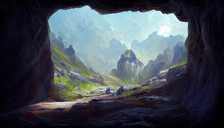 Abstract mountain cave entrance. Can be used as wallpaper or backgroundの写真素材