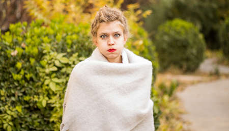 Fashion portrait stylish pretty woman outdoor. Young woman with bright make upの写真素材