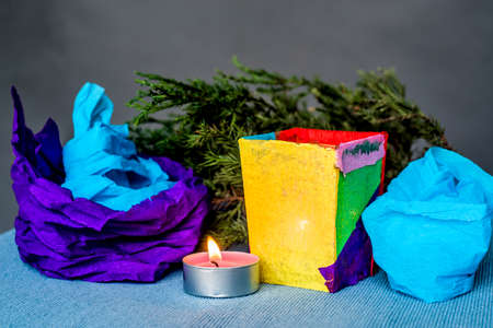 Christmas composition with candle. hand made christmas paper candle craftの写真素材