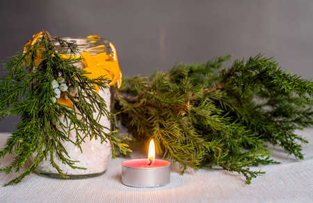 Christmas decorations on the tableの写真素材