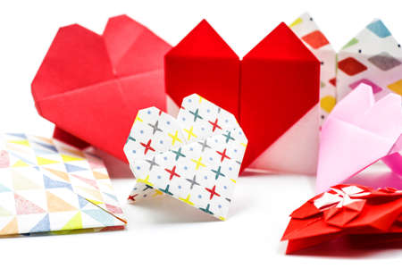valentine's day. collection of paper hearts on white backgroundの写真素材