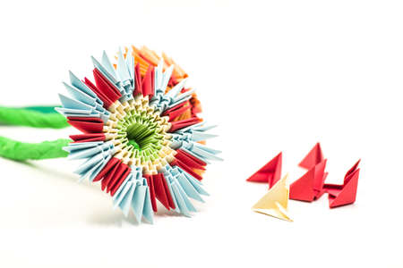 module origami paper flowers craft isolated on white backgroundの写真素材