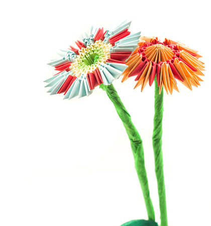 module origami paper flowers craft isolated on white backgroundの写真素材