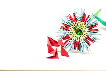 module origami paper flowers craft isolated on white backgroundの写真素材