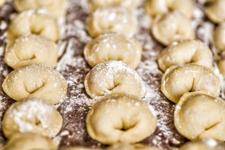 raw homemade dumplings in raws on a wooden table covered with flourの写真素材