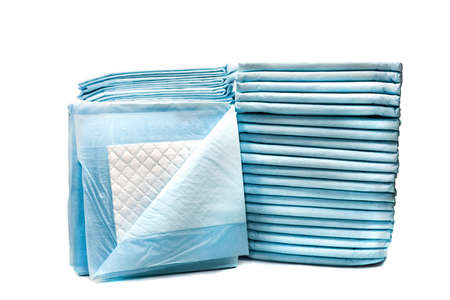 piles of toilet pads for pets isolated on white. home leak proog training pads for animalsの写真素材