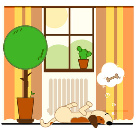 Dog laying on the floor at home dreaming about a boneのイラスト素材