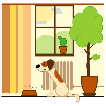 Dog looking at the bowl of spoiled food flat style illustration.のイラスト素材