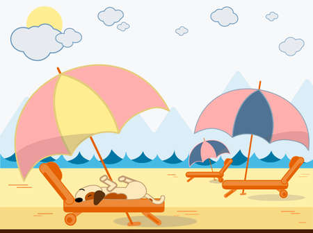 dog is laying on a beach relaxing on lounge a seaside in summer dayのイラスト素材