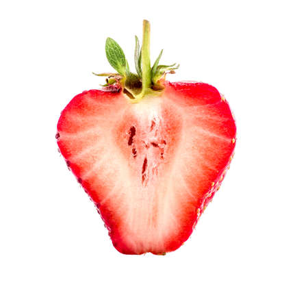 half of juicy strawberry isolated on white backgroundの写真素材