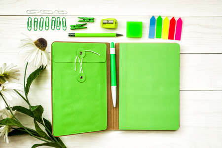 set of green fashion and stylish stationary top viewの写真素材