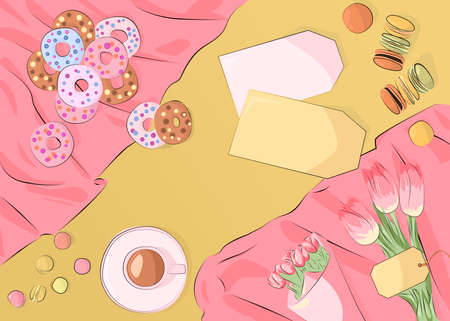 top view illustration donuts, macarons, coffee and flowers on pink tablecloth. good morning labelの写真素材