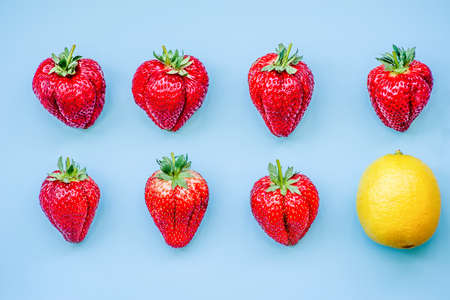 two lines of strawberries on blue background topviewの写真素材