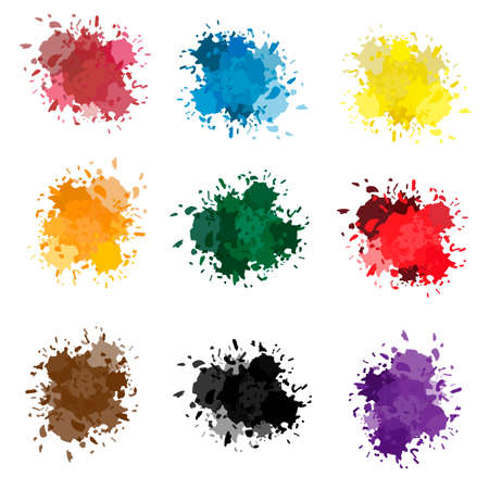 colored ink or paint paint splashes vector. Paint splash or splat, splattered ink, dirty blots artistic elementsのイラスト素材