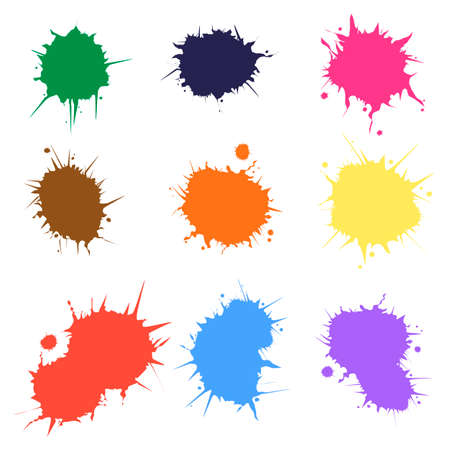 Colored ink or paint paint splashes vector. Paint splash or splat, splattered ink, dirty blots artistic elementsのイラスト素材
