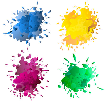 Colored ink or paint paint splashes vector. Paint splash or splat, splattered ink, dirty blots artistic elementsのイラスト素材