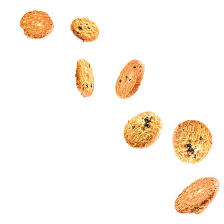 set of butter cookies with raisins isolated on white background. cookies flying in the airの写真素材