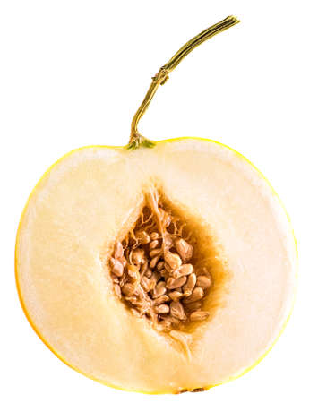 half of ripe yellow melon isolated on white backgroundの写真素材