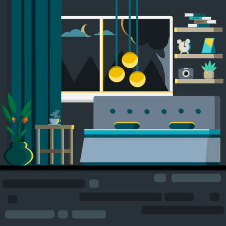Indoor interior design bedroom at night flat style vectorのイラスト素材