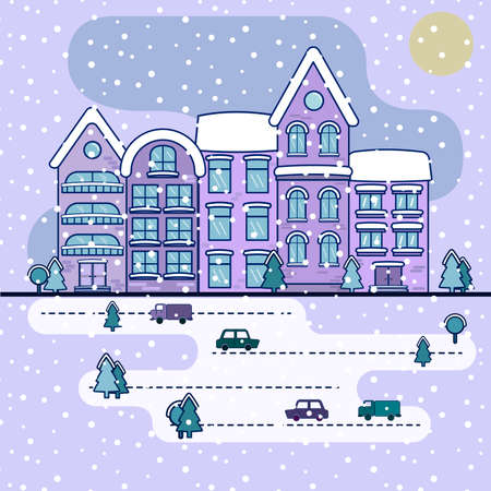 city scape in snowy winter at night flat style vector illustrationのイラスト素材