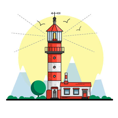 white and red lighthouse vector illustration on yellow backgroundのイラスト素材