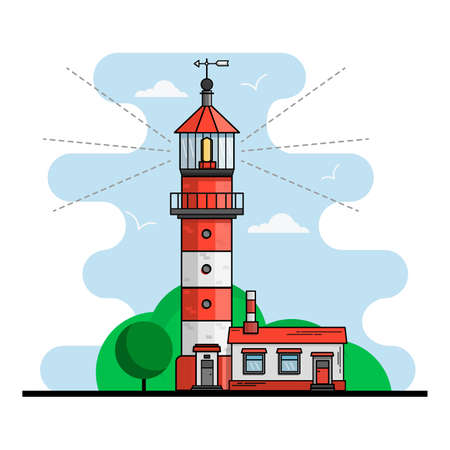 white and red lighthouse vector illustration on blue sky backgroundのイラスト素材