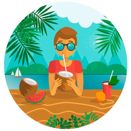 boy drinking a coconut with a sipping straw vector illustration. summer concept. vacation at tropicsのイラスト素材