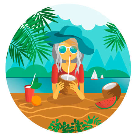 Girl drinking a coconut with a sipping straw vector illustration. summer concept. vacation at tropicsのイラスト素材